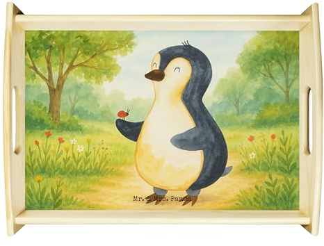 Mr. & Mrs. Panda Bett-Tablett Pinguin Marienkäfer Design - Geschenk, Liebe, tablett aus Holz, zum servieren, Glück, Wunder, Deko, Frühstückstablett, Lebensfreude, Aufmerksam, Servier, Kleine