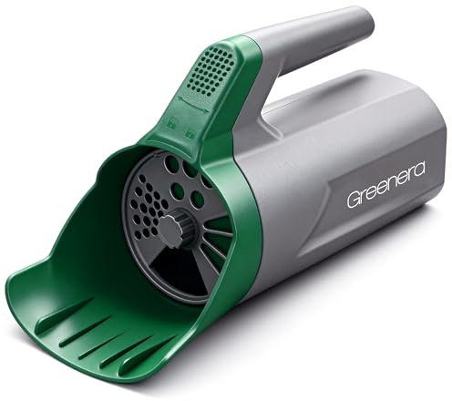Greenera Esparcidor de semillas de mano de 1 litro, mini esparcidor de césped con esparcidor de sal de esfera ajustable, aplicación precisa, sin montaje, esparcidor multiusos para césped y jardín para