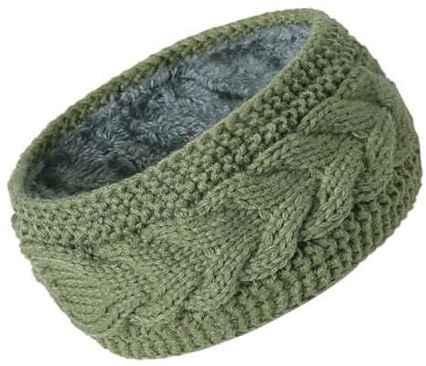 Ear Warmer Headband, Green Fleece Lined Knitted Thermal Headband Winter Thick Fluffy Cosy Headbands for Women Fashion Casual Running Ear Warmers Elastic Hair Wraps for Women