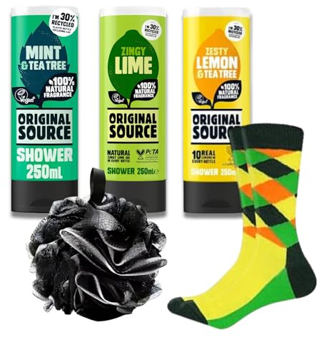Men’s Shower Gift Set – Original Source Mint & Tea Tree, Zingy Lime & Zesty Lemon Shower Gels (250ml) – Fresh, Energising Triple Shower Gel, Loofah and Funky mens Socks Gift for Him