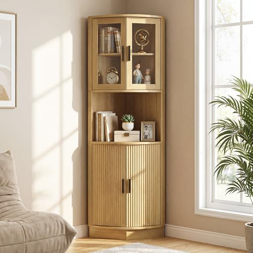 Eckschrank, Hochschrank mit Glastüren, Mehrzweckschrank, Aufbewahrungsschrank für Esszimmer, Wohnzimmer, Büro, Wellendesign, MDF, 165x56x41,5 cm, Natur