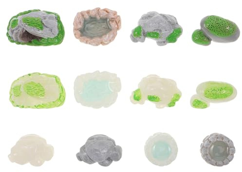 CIYODO Leuchtende Harzsteine 12 Stück Miniatur Moossteine Brunnen und Dekosteine für Mikrolandschaften Feengarten und Aquarium Zubehör