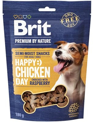 Brit Premium Halbfeuchte Leckerlis für Hunde mit Huhn & Himbeeren, 180 g | Leckerlis mit Huhn & Himbeeren, saftige Textur, unterstützt Haut, Fell & Immunsystem, gut verträglich, perfekte als Belohnung