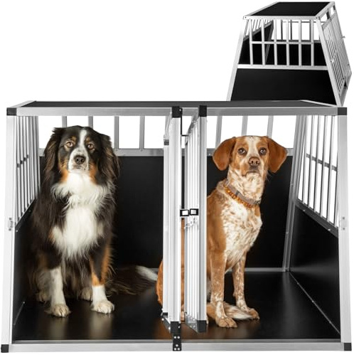 tectake® Dog Crate in Robust Aluminium, Durable Dog Cage with Spacious Interior & Lockable Doors, Easy to Assemble & Clean, Dog Travel Crate with Trapezoidal Shape for Cars - 104 x 90.5 x 69 cm