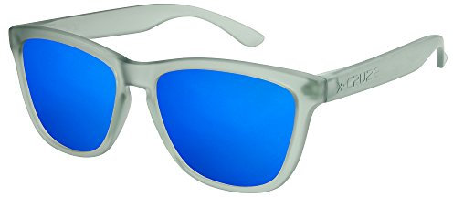 X-CRUZE 9-036 Nerd Sonnenbrillen polarisiert Style Stil Retro Vintage Retro Unisex Herren Damen Männer - grau-transparent matt/blau verspiegelt