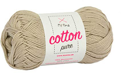 hellbraunes/beiges Baumwolle Garn -Myoma Cotton Pure Sand (Fb 0221)- Baumwolle zum Stricken und Häkeln + GRATIS Anleitung – 1 Knäuel beiges Baumwollgarn 50g/125m – Nadelstärke 2,5-3,5mm