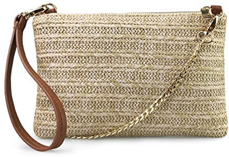 Hoxis Straw Zipper Small Shoulder Bag Wristlet Clutch Women Purse, brown, Small