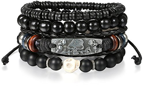JewelryWe Totenkopf Lederarmband Schwarz Armband: Retro Gothic Schädel Rose Blume Kugel Perlenarmband Mehrschichtig Handgewebt Geflochten Leder Armband Verstellbar Wickelarmband Herren Damen
