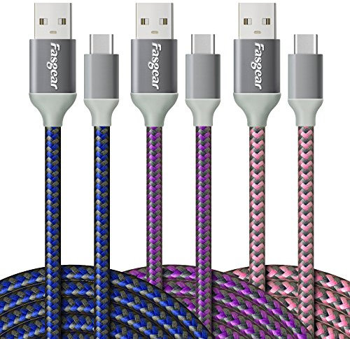 Fasgear USB zu USB C Kabel, 3 Stück 3m Nylon geflochtenes USB Typ C Schnelllade-Synchronisationskabel Kompatibel mit Galaxy S10 / S9 / S8 +, Moto Z2, LG V30 / G6, Nokia N1 und mehr (Blau, Lila, Pink)