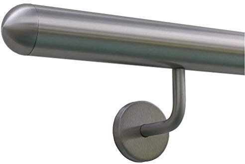 TIBU Handlauf Edelstahl 33,7 mm Geländer 0,3m - 6m, Länge 190 cm, Ende halbrunde Kappe und gewinkelte Halter