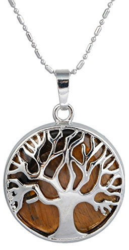 mookaitedecor Oeil de Tigre Collier Pendentif Arbre de Vie Pierre/Lune et Soleil Bijoux avec Chaîne pour Femme Homme