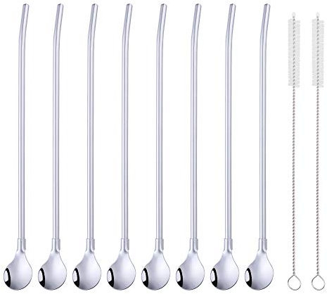 Do Buy Wiederverwendbare Strohhalme Löffel 18/8 Edelstahl 8 Stück Trinkhalmlöffel Silber mit 2 Bürsten Cocktail Latte Macchiato Löffel 21,5CM