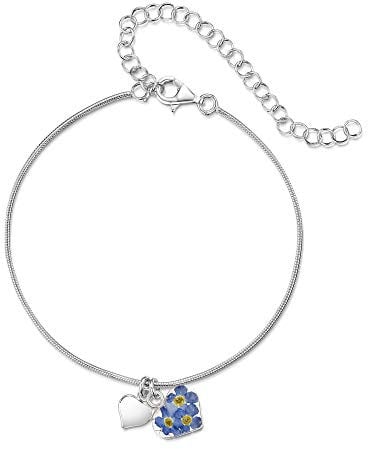 Shrieking Violet 925 Sterling Silver Heart Real Flower Snake Chain Ankle Bracelet - Forget-Me-Not (Blue)