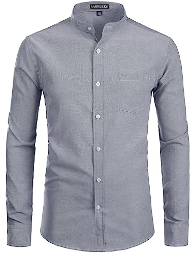PARKLEES Mens Hipster Design Grandad Collar Oxford Shirt Slim Fit Long Sleeve Casual Button Down Dress Shirts with Pocket Grey S