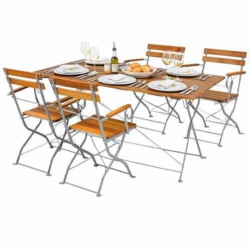 Mojawo Biergarten Set Bistroset Klapptisch + 4 Klappstühle mit Armlehnen Akazieholz und pulverbeschichteter Stahl 120x60cm