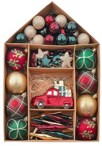Valery Madelyn Christmas Baubles for Traditional Christmas Tree Decorations,70pcs Red Green Gold Shatterproof Ball Ornaments, Hanging Gifts, House Shape Packing