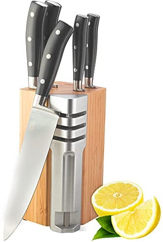 5pc Kitchen Knife Block Set - Henley by Taylors Eye Witness Stainless Steel Knives & Bamboo Wood Holder, Paring, All Purpose, Carving, Bread & Chefs Knives with 3-Stage Sharpener. 10 Year Guarantee