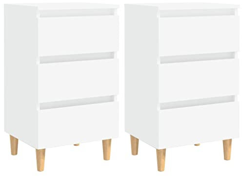 vidaXL 2X Nachttisch mit Massivholz-Beinen 3 Schubladen Nachtschrank Nachtkonsole Nachtkommode Schlafzimmer Schrank Kommode Weiß 40x35x69cm