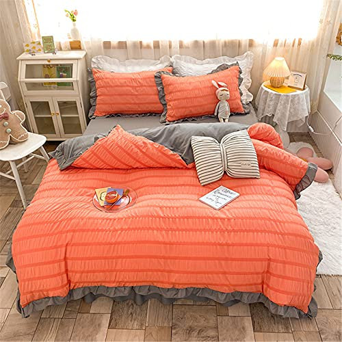 Hearda Seersucker Bettwäsche-Sets 4teilig, Modern Microfaser Einfarbig Bettwäsche Set mit 1 Bettbezug und 2 Kissenbezüge 1 Bettlaken (Orange,150x200cm)