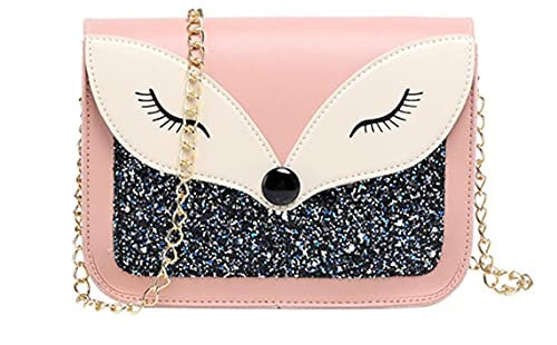 Hjkiopc Mini sac à bandoulière pour femme,Tendance Sacoche Besace-Petite chaîne-Bandoulière amovible-Poche avant avec bouton pression-Sac à main tendance pour les petites filles.(Renard-Rose)