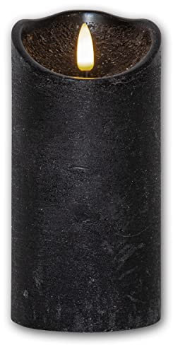 LED Echtwachskerze 3D FLAMME RUSTIC, schwarz, Timer, Höhe 15cm, Durchmesser 7,5cm, batteriebetrieben, Flackereffekt