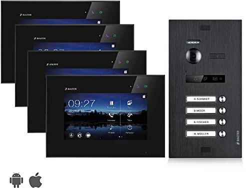 BALTER EVO Video Türsprechanlage, Touchscreen, 7 Zoll Monitor Schwarz, Türstation für Mehrfamilienhaus Schwarz, 2-Draht BUS, 150° Weitwinkel-Kamera (4 Familienhaus (4 Klingel), Mit App)