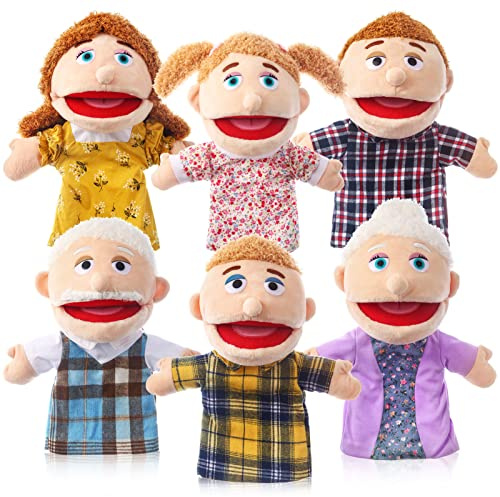6 Pcs Family Hand Puppets 12 Inch Grandparents, Mom & Dad, Brother & Sister Plush Hand Puppet Toys Role-Play Toy Puppets for Kids Storytelling Imaginative Pretend Play Teaching Preschool(6 Family A)
