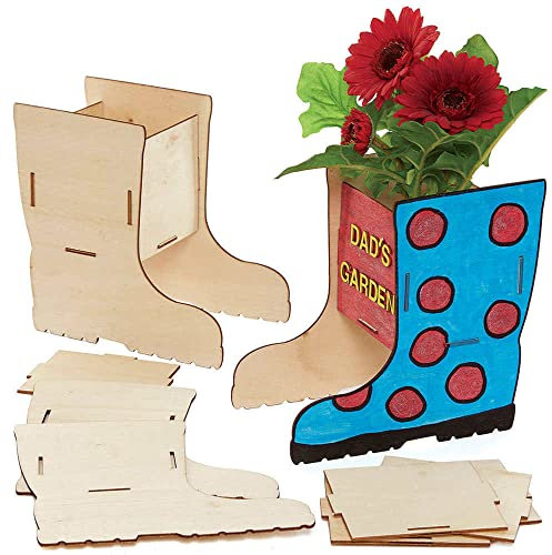 Baker Ross FC734 Wellington Boot Wooden Flowerpot Kits - Pack of 3, Craft Kits for Kids, Plant Pot Painting, Wood Crafts, Green