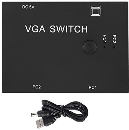 VGA Switch 2 In 1 Out Audio Video Switcher Box, Data Synchronization 2 PC to 1 Monitor Splitter Display Two Way Vedio HD 1080P Male Female Extension with Button USB Power for Laptop Projector