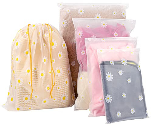 10 Pcs Travel Storage Bags, 2 Pcs Drawstring Storage Bags and 8 Pcs Ziplock Bags, Reusable Clothes Storages Bag Waterproof Luggage Organiser Frosted Bag for Packaging Clothing Shoes (5 Size Mixing)