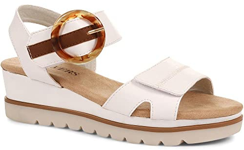 Pavers Ladies Dual Fit Sandals - Stylish Comfortable Wedge Sandals for Casual Wear - Women's Cushioned Footbed and Decorative Buckle - Size 8/41 White