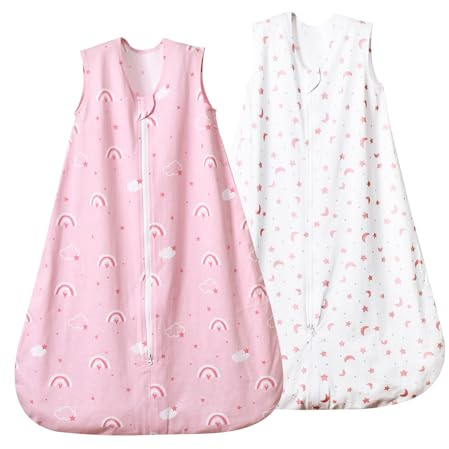 david's kids 100% Organic Cotton Baby Sleep Sack 6-12 Months, Soft Baby Wearable Blankets with 2-Way Zipper, 2 Pack Comfy Sleeping Bags for Infant Newborn Boys Girls, Medium Size, Rainbow & Space