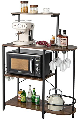 COSTWAY Küchenregal für Mikrowelle, Mikrowellenregal auf Rollen, Standregal mit 6 S-Haken & Glashalter, Küche Küchenwagen, Beistellwagen Haushaltsregal, Rustikales Braun