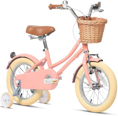 Glerc 12 Zoll Kinder Mädchen Fahrrad für 3 4 5 Jahre alt kleine Mädchen Retro Vintage-Stil Fahrräder mit Korb Training Räder und Glocke, Pfirsich