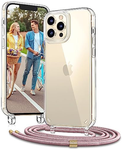Vaykwo Handykette für Apple iPhone 12 Hülle mit Band und iPhone 12 Pro Hülle mit Band - Necklace Handyhülle - Transparente Case zum Umhängen mit Kameraschutz und Bildschirmschutz - Roségold