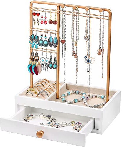 ADWOLT Jewelry Stand Holder and Earring Holder for Home with Drawer, Jewellery Organiser Stand Decorative Hanging Storage for Necklaces, Bracelets, Rings, Buckles