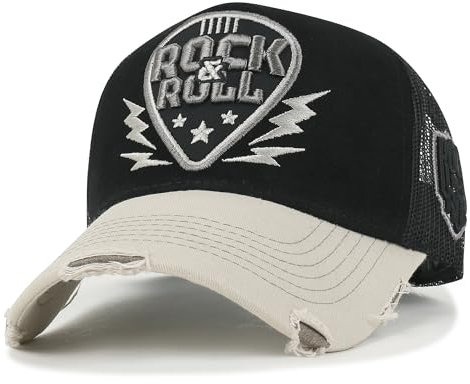 ililily Rock & Roll Embroidery Baseball Cap Guitar Pick Vintage Trucker Hat, Black - Rock