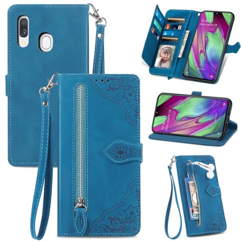 JayModCase Handyhülle für Samsung Galaxy A40, PU Leder Magnetverschluss Handytasche, mit Reißverschlusstasche Ständer Kartenfächer Hülle Kompatibel mit Samsung A40 - Blau