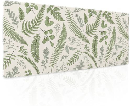 White Green Plant Flowers Mouse Pad XL Tropical Fern Botanical Leaves Extended Desk Mat 80X30cm Non-Slip Rubber Base Stitched Edge Large Mousepad for Desk Gaming Laptop Desktop,31.5×11.8 Inch