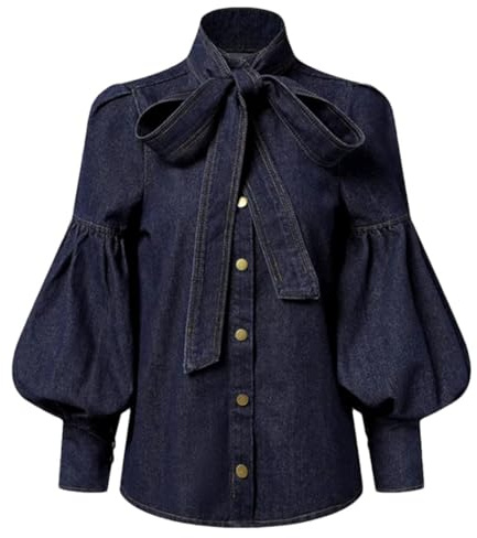 Tdvcpmkk Women's Bow Tie Design Imitation Denim Puff Sleeve Shirt Spring and Autumn High Collar Fashion Shirt Tops