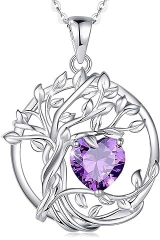 FANCIME Lebensbaum Amethyst Kette für Damen 925 Sterling Silber Baum des Lebens Amethyst Anhänger Halskette Schmuck Geschenke für Frauen Mädchen, Kettenlänge: 40+5 cm