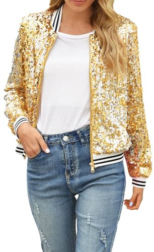 Jacke Damen Pailletten Gold Damen Metallic Bikerjacke Blazer mit Glitzer Langarm Bomberjacke Langarm Party Club Offen Glitzer Cardigan Metallic Jacket Reißverschluss Fliegenjacke