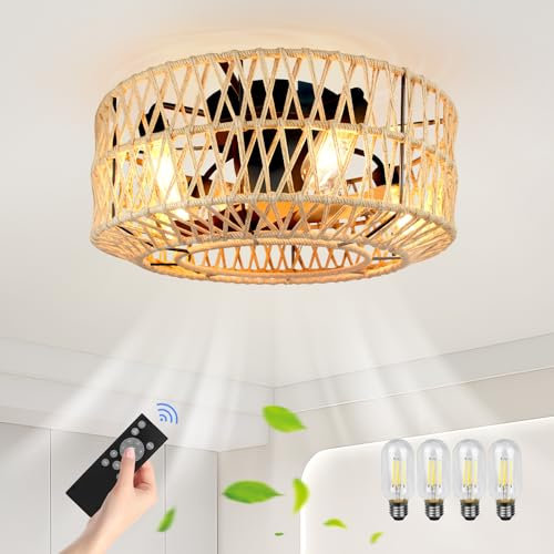 FIMEI Ventilatori da Soffitto con Luce, con 4 Lampadine e Telecomando, con Pale Oscillanti Reversibili, 6 Velocità del Vento, Temporizzazione, Per Fattoria, Camera da Letto, Soggiorno