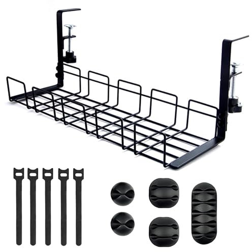Techson Under Desk Cable Management Tray, No Drill No Screws to Desk Cable Organizer Kit, Computer Cable Metal Rack for Office, Home (Black), 0452OF