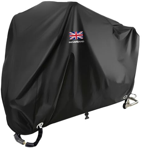 NEVERLAND Motorcycle Cover - 300D Motorbike Cover Waterproof Outdoor, Protection from the Sun, Dust, Rain, with Lock Holes, Windproof Buckle Elastic Band, Storage Bag, (XXL, 265x105x125cm)