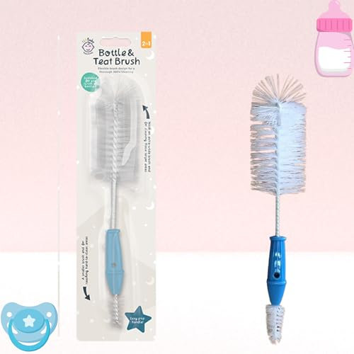 Baby Bottle and Teat Cleaner | 2-in-1 Soft Brush Set | Gentle Cleaning, Non-Scratch Bristles | Easy Residue Removal, Ridged Grip | Travel Portable, Effortless Storage (1, Soft Blue)