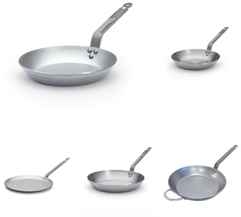 DE BUYER - Lot de 6 Poêle en tôle d'acier Mineral B - 24, 26, 28 et 32cm, 26cm Poêle à crêpes, 32cm Poêle grill- Fabriquées en France, Sans PFAS,Inox 18/10, Tous Feux + Four, Finition Poli Brillant