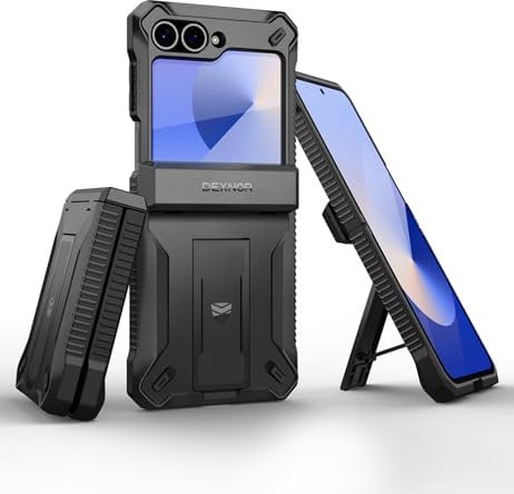 Dexnor Custodia per Samsung Galaxy Z Flip 6 con Stand & Protezione Cerniera & Protezione dello Schermo Anteriore, Antiurtotutto Protettiva Resistente Doppio Strato Custodia Case - Nero