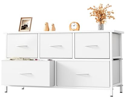 CAIYUN Kommode mit 5 Schubladen, Schmaler Schrank aus Stoff für Schlafzimmer, Wohnzimmer, Kinderzimmer, Kommode mit Metallrahmen, Platzsparend, Einfach zu Montieren, Weiß