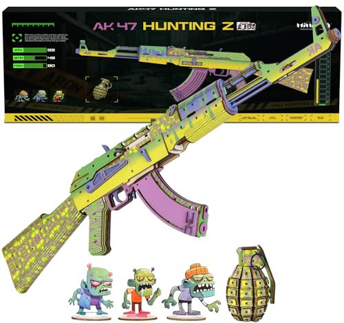 MiniCity 3D Puzzles for Adults, Wooden 3D Puzzle Model Rubber Bands Gun Toys Building Kits, DIY Wood Crafts Cool Toy Hobbies for Men Women, Creative Assembly Gifts (AK47 Hunting Z)